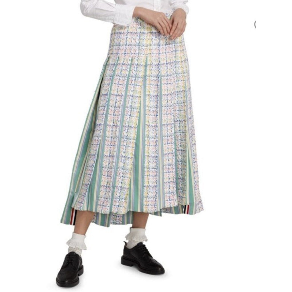 New $3200 Thom Brown Seasonal Pleated Tweed Midi Skirt White/Multi 38/4