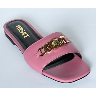 Versace Icon Chain Leather Slide Sandals Strawberry Jam 7 US 37 Eu 1022706 NIB