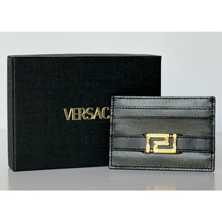 Versace Greca Black Calf Leather Card Case Wallet 1023433 Italy NIB