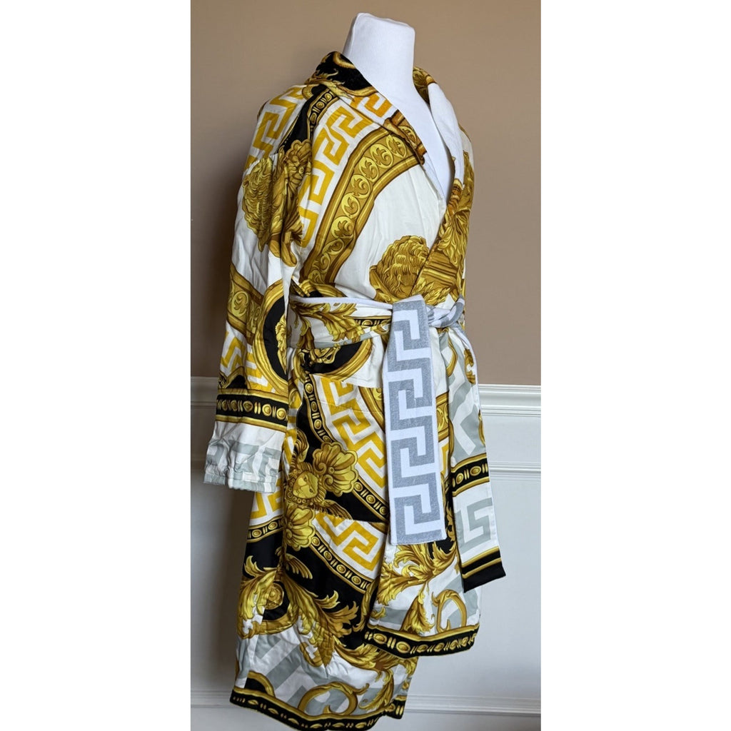 Versace Home Baroque Greca Cotton Bathrobe White Gold Black M ZACP00001 NWT