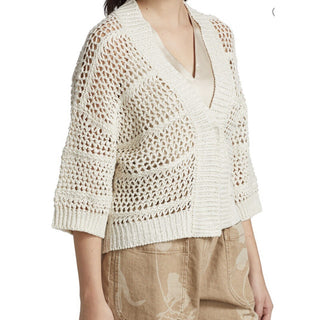 New $2595 Brunello Cucinelli Women Open Weave Cardigan Sweater Color Oatmeal XL