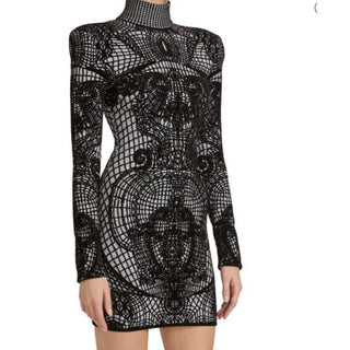 New $3050 Balmain Patterned-Knit Body-Con Minidress Black 44/12 Italy