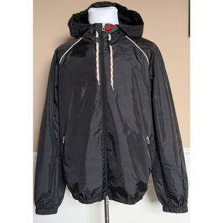 Gucci Men’s Nylon Satin Hooded Windbreaker Jacket Black 46 US (56) 68937 IT NWT