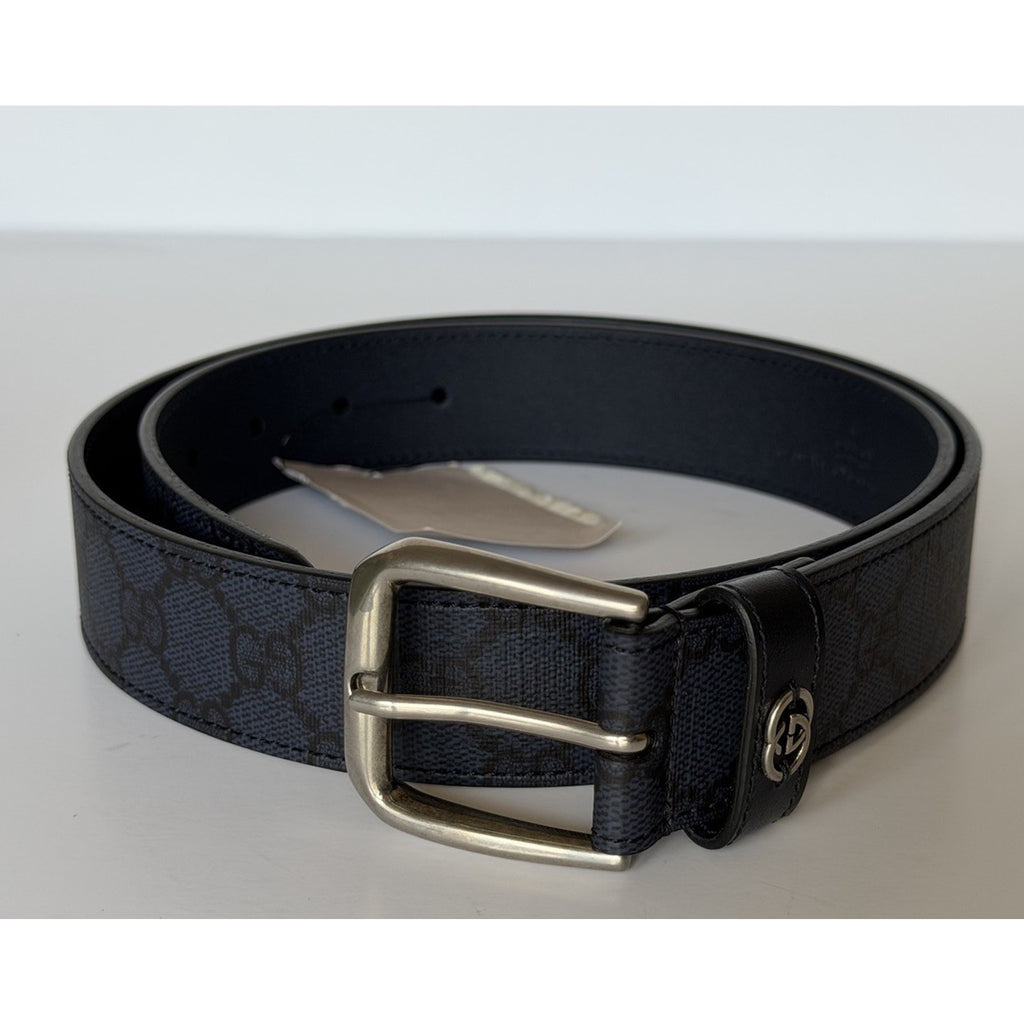 Gucci Interlocking GG Supreme Details Leather Belt Blue/Black 90/36 673921 NWT