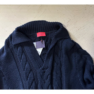 $1795 Isaia Men Silk & Cotton-Blend Cable-Knit Polo Sweater Navy XXL