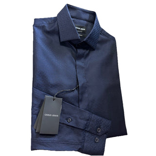 Giorgio Armani Men Logo Print Dress Shirt Navy Size 44/17.5 New $1195 Italy