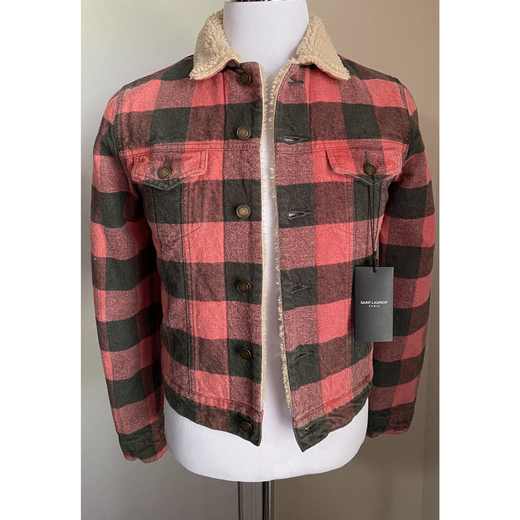 New $3190 Saint Laurent Men Fitted Checked Denim Jacket Shearing Red/Black XS
