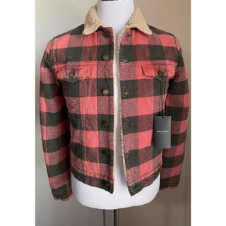 New $3190 Saint Laurent Men Fitted Checked Denim Jacket Shearing Red/Black XS