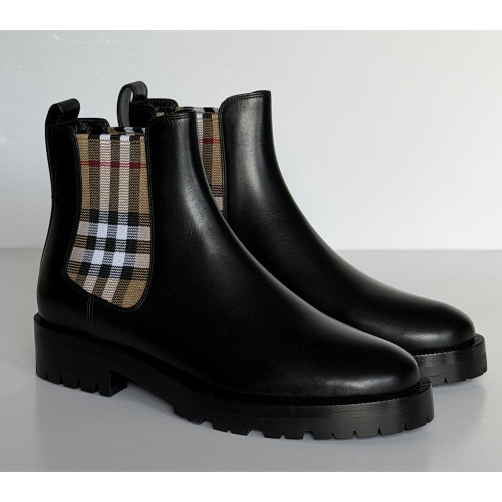 Burberry Check Panel Leather Chelsea Black Boots 10.5 US (40.5) 8042363 NIB $970