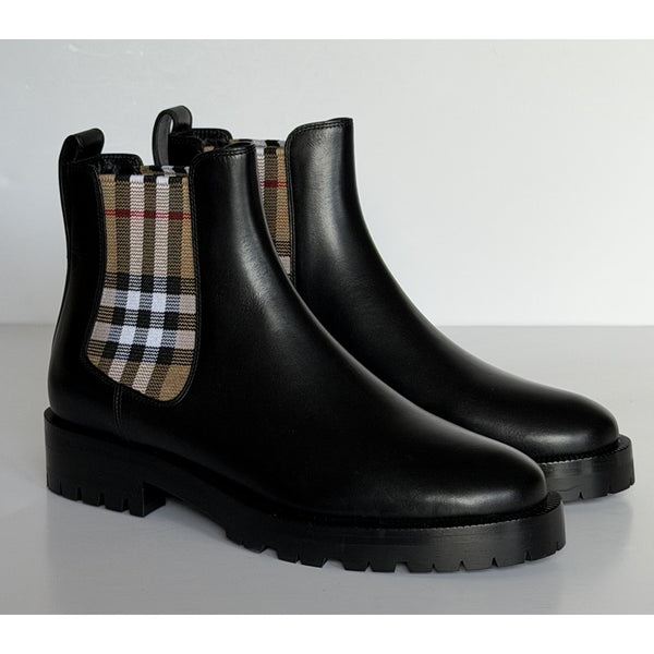 Burberry Check Panel Leather Chelsea Black Boots 10.5 US (40.5) 8042363 NIB $970