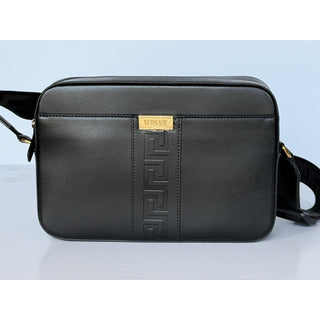 Versace Embossed Greek Key Black Crossbody Leather Camera Bag 1020736 NWT $1400