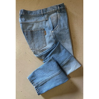 NWT $1350 Balmain Men Monogram Straight-Leg Jeans Pants Blue 32 US