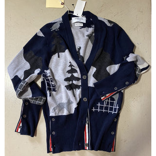 New $1800 Thom Browne Forest Scenery Intarsia Cashmere Cardigan Navy 40/4