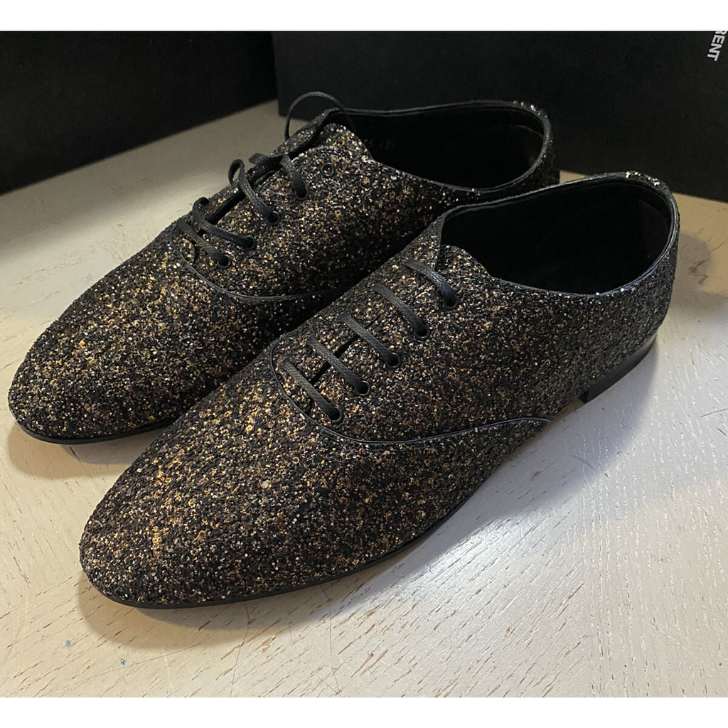 NIB $1095 Saint Laurent Men Glitter Midnight Leather Shoes Black/Gold 10.5 US/