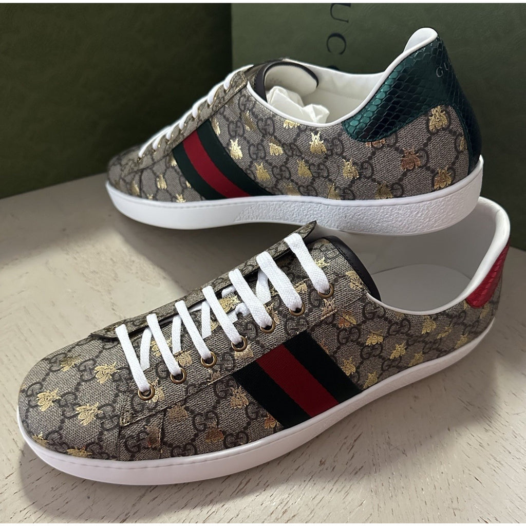 New Gucci Men GG Logo Bee Logo Canvas Leather Sneakers Beige 15.5 US/15 UK