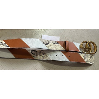 New $1980 Gucci Ostrich Leather/Python GG Marmont Belt Brown/Beige/White 90/36