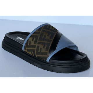 Fendi Men's FF Diagonal Leather/Fabric Slide Sandals 10 US/9 UK 7X1674 NWT $595