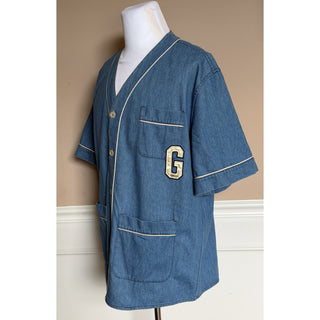 Gucci Varsity G Patch Denim Shirt Bright Blue Men 48 Euro (Oversized) 753105 NWT