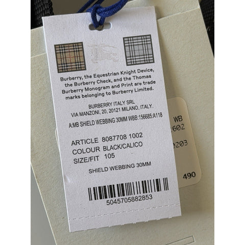 Burberry Silver Metal Buckle Shield Webbing Black Belt 105/42 8087708 NWT $490