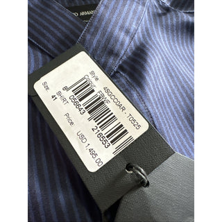 New $1495 Giorgio Armani Men Silk Navy Blue Shirt with Light Blue Strip 41/16