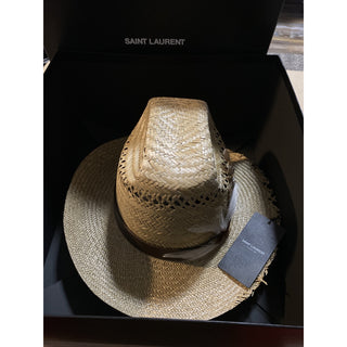 NWT $895 Saint Laurent Straw Cowboy Hat With Leather and Feathers Brown XL