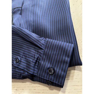 New $1495 Giorgio Armani Men Silk Navy Blue Shirt with Light Blue Strip 41/16
