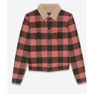 New $3190 Saint Laurent Men Fitted Checked Denim Jacket Shearing Red/Black XS