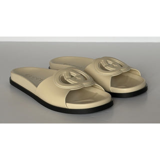 Gucci Interlocking G Leather Slide Sandals Ivory Women 9 US (39 Eu) E 818334 NIB