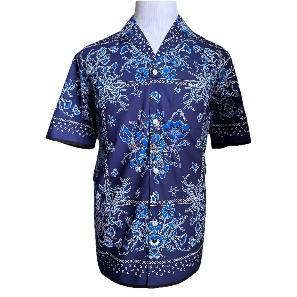 New $1300 Gucci Men’s Flower Bandana Print Shirt Blue Size 50 Eu/L