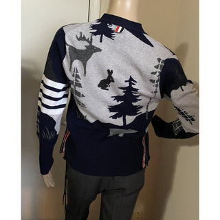 New $1800 Thom Browne Forest Scenery Intarsia Cashmere Cardigan Navy 40/4