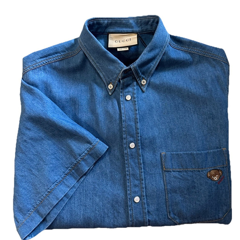 Gucci Men Eco WSH Org Denim Button Down Shirt Blue 48 Eu/M New $1650