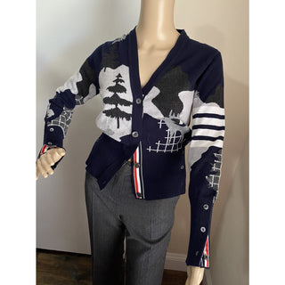 New $1800 Thom Browne Forest Scenery Intarsia Cashmere Cardigan Navy 40/4