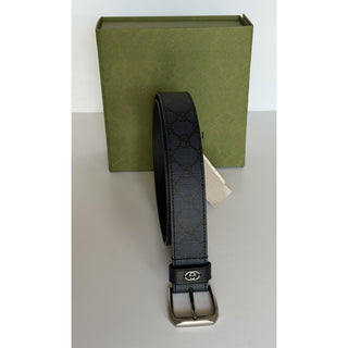 Gucci Interlocking GG Supreme Details Leather Belt Blue/Black 90/36 673921 NWT