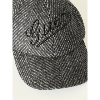 Gucci Herringbone Wool/Silk Baseball Hat Charcoal Logo Cap Size Large 817497 NWT