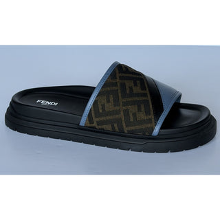 Fendi Men's FF Diagonal Leather/Fabric Slide Sandals 10 US/9 UK 7X1674 NWT $595