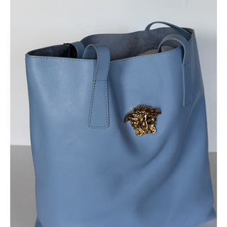 Versace La Medusa Leather Tote Bag Blue with Gold Medusa 1020004 1A14675 NWT
