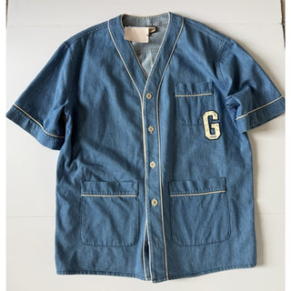 Gucci Varsity G Patch Denim Shirt Bright Blue Men 48 Euro (Oversized) 753105 NWT