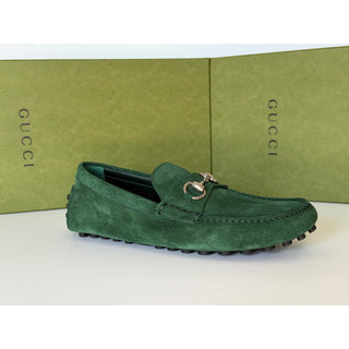 Gucci Mens Suede Horsebit Driver Loafers Shoes Green 8 US (7.5 Gucci) 765859 NIB