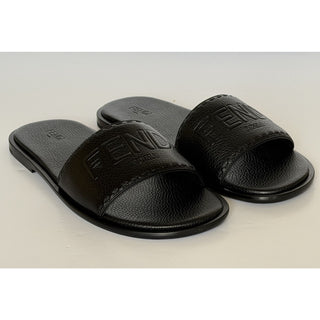 Fendi Roma Logo Leather Slide Sandals Black 12 US (11 Fendi) IT 7X1753 NIB $770