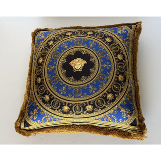 Versace Medusa Baroque 100% Silk Throw Pillow Blue/Gold Fringed IT ZCU505001 NWT