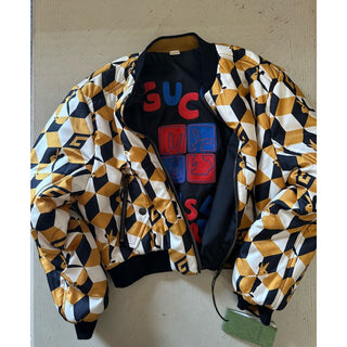 New $3980 Gucci Women Reversible Bomber Jacket Coat Black/Yellow/Multi 44/8
