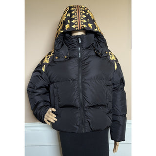 Versace Women's Leafy Print Padded Jacket with Hoodie Black 48 1012541 NWT $2250