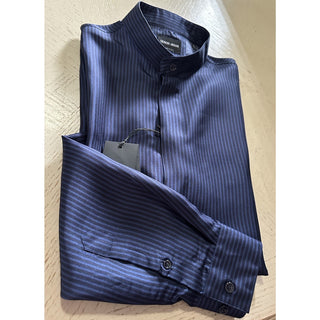 New $1495 Giorgio Armani Men Silk Navy Blue Shirt with Light Blue Strip 41/16