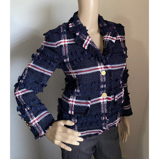 New $4900 Thom Browne Women Plaid Wool-Blend Blazer Jacket Navy 38/2 Italy