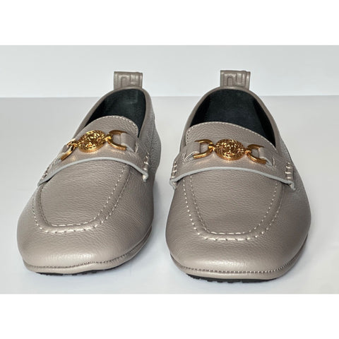 Versace Gold Medusa Men's Gray Leather Driver Shoes 8 US (41 Euro) 1017072 NIB