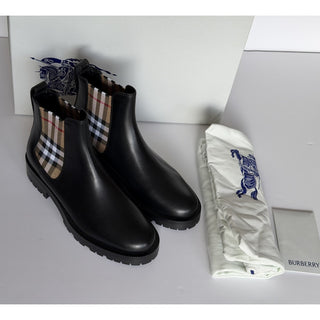 Burberry Check Panel Leather Chelsea Black Boots 8.5 US (38.5) 8042363 NIB $970