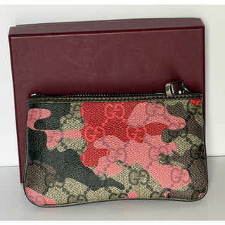 Gucci GG Key Case Pink Red Camo Monogram Zip Pouch 855446 NWT