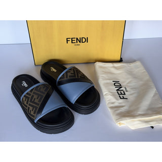 Fendi Men's FF Diagonal Leather/Fabric Slide Sandals 10 US/9 UK 7X1674 NWT $595