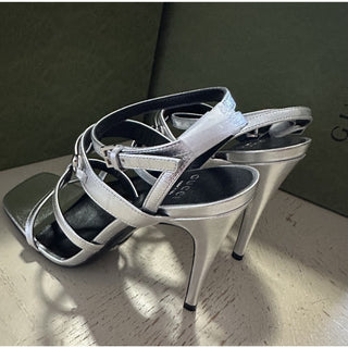 Gucci Women’s Leather Dress Sandal Shoes Silver 7.5 US/37.5 Eu New 771563