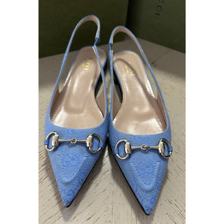 Gucci Women’s GG Print Canvas Sandal Shoes Blue 7 US/37 Eu New